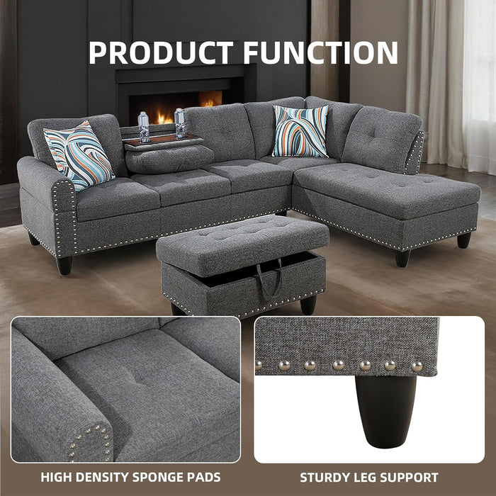 L Shaped Sectional Sofa with Ottoman, Nail-Head Design Linen Right Facing Modern Couches with Cup Holder for Living Room, Bedroom, Office