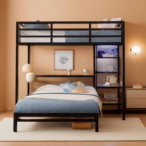Twin over Full Bunk Bed with Desk,Led Lights and 4 Drawers,Metal Bunk Beds with Storage Headboard and Charging Station,L-Shaped Bunk Bed for Kids/Teen with Safety Guardrail and Ladder,Black