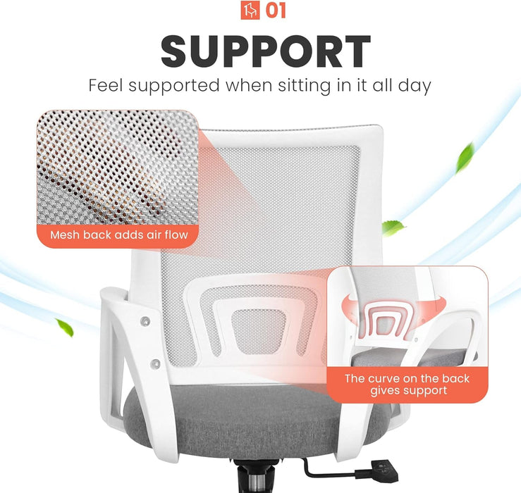 Office Chair Computer Desk Chair Gaming Ergonomic Mid Back Cushion Lumbar Support with Comfy Mesh Adjustable Swivel Rolling Home (Grey)