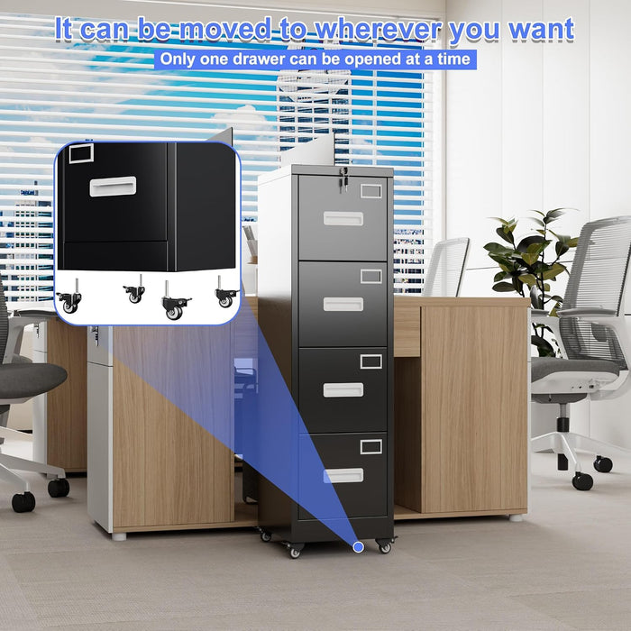 4 Drawer Metal File Cabinet with Lock, Mobile Heavy Duty Steel Filing Cabinet with Full Extension Rails, for Office Workspaces, Letter Legal Size, Black, Assembly Required