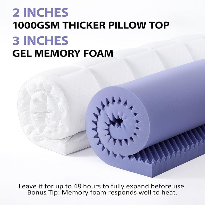 5 Inch Queen Memory Foam Mattress Topper Pro Dual Layer 3 Inch Cooling Gel Egg Crate Memory Foam plus 2 Inch Pillow Top Medium Firm with Deep Pocket