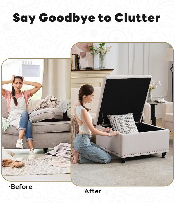 30" Large Square Ottoman Coffee Table with Storage, Oversized Tufted Upholstered Ottomans Bench with Solid Wood Legs for Living Room, Dorm, Linen Foot Stool for Couch Sofa Toy Box, Beige