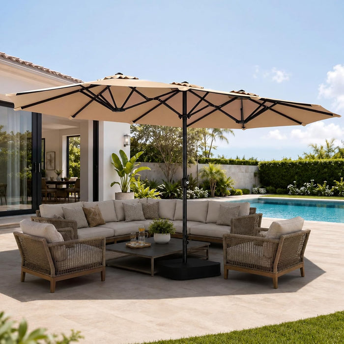 15Ft Patio Umbrella with Base Included, Extra Large Shade Area, Double Sided Rectangle with Crank Handle for Poolside, Garden, Yard, Beige
