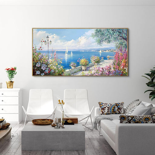 Large Coastal Wall Art - Ocean Seascape Canvas Yellow Green Flowers Painting Landscape Sailboat Picture Artwork Modern Large Framed for Living Room Bedroom Home Office Decor 58X29 Inches
