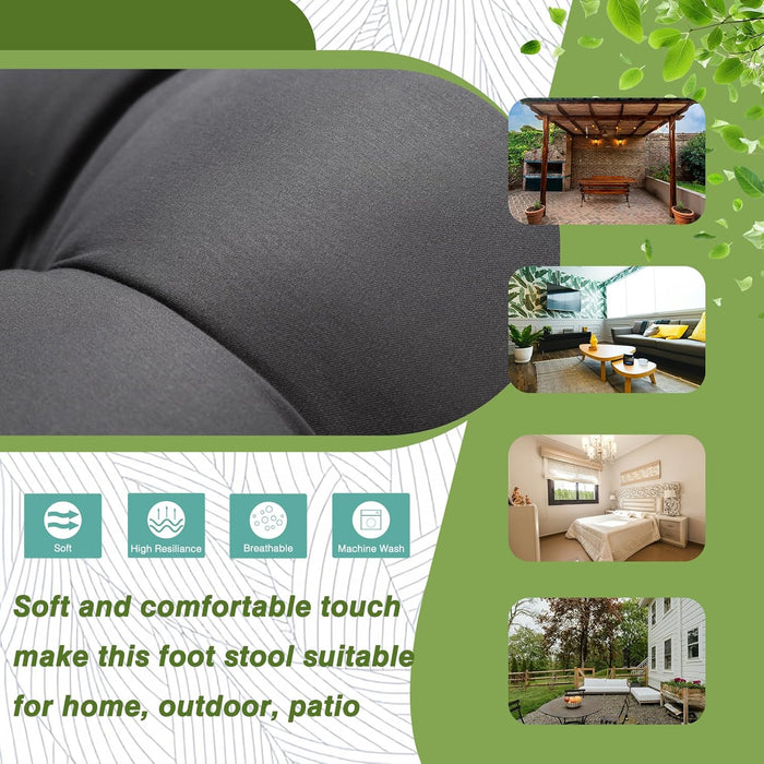 15" Foldable Foot Stool Ottoman with Metal Frame - Washable Dark Grey Upholstered Indoor/Outdoor Footrest for Living Room, Bedroom, Patio - Space-Saving Compact Design