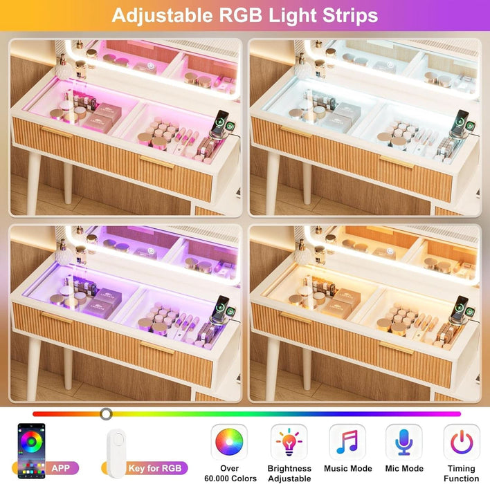 44" Vanity Desk with Mirror and Lights, Makeup Vanity Desk with Power Outlet, Makeup Desk with 5 Drawers&Storage Shelves, Vanity Table 3 Color Adjustable Brightness Dressing Table Set for Bedroom