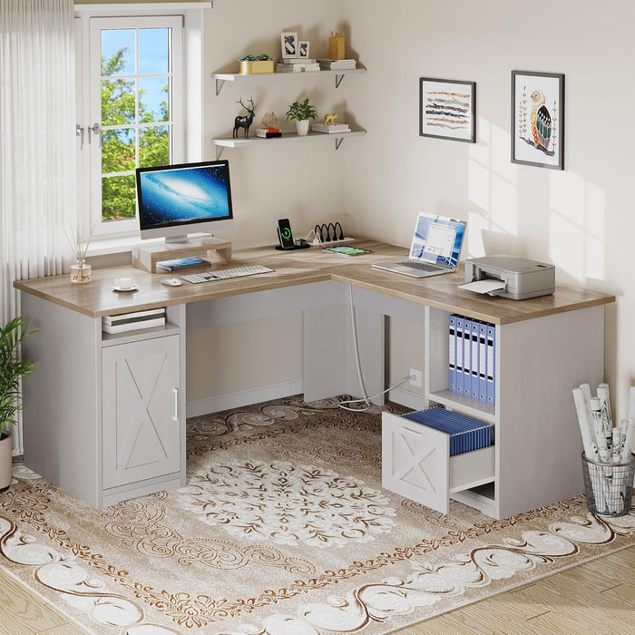 L Shaped Desk with File Drawer, 60" Corner Computer Desk with Power Outlets, Home Office Desk with Monitor Stand & Storage Shelves & File Cabinet, Grey Wash
