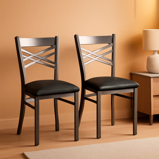 2 Pack HERCULES Series Clear Coated ''X'' Back Metal Restaurant Chair - Black Vinyl Seat