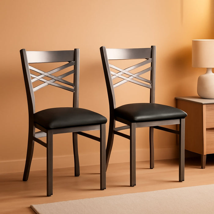 2 Pack HERCULES Series Clear Coated ''X'' Back Metal Restaurant Chair - Black Vinyl Seat
