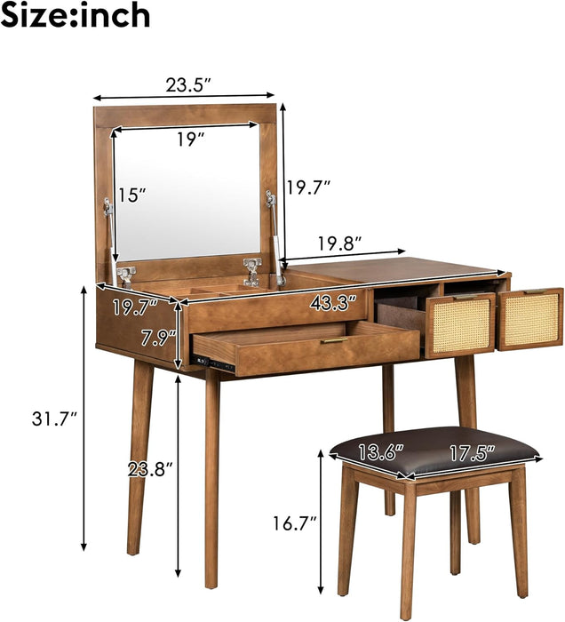43.3" Classic Wood Makeup Vanity Desk Set with Flip-Top Mirror, Dressing Table with 3 Storage Drawers and Cushioned Stool, Brown