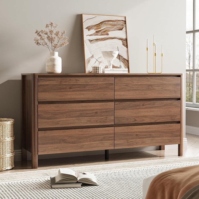 Walnut 6 Drawer Dresser for Bedroom, 55"Wide Modern Wood Dresser