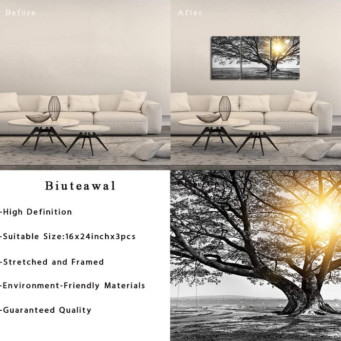 3 Piece Wall Art Black White Tree at Warm Sunrise Landscape Picture Photo Canvas Prints Nature Tree of Life Painting for Home Office Living Room Decor Stretched and Framed Ready to Hang