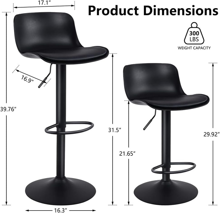 Black Bar Stools Set of 2 Adjustable Counter Height Barstools Modern PU Leather Swivel Tall Bar Chairs Upholstered Bar Stool with Back for Kitchen Island