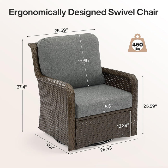360° Swivel Wicker Patio Chair Set of 2, Handwoven PE Rattan, 5.5" Thick Olefin Cushions, Weatherproof Conversation Seating for Porch Deck Backyard, Brown/Gray