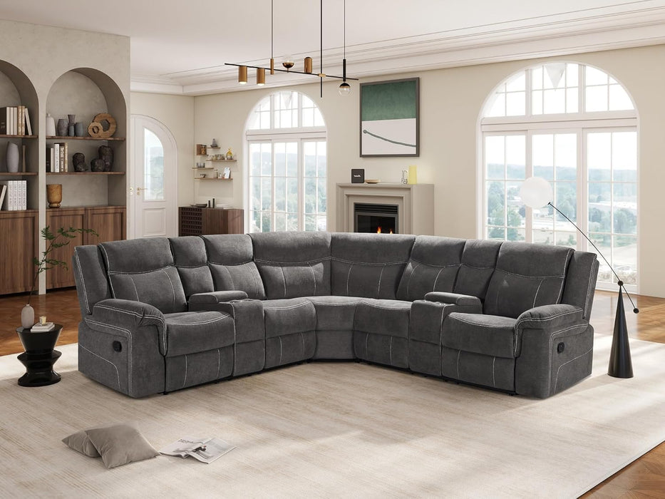 Manual Reclining Sectional Sofa  Premium Fabric, Console