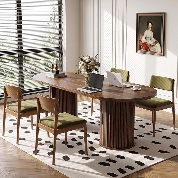 71” Oval Dining Table for 6-8 with Storage, Fluted Base, Walnut