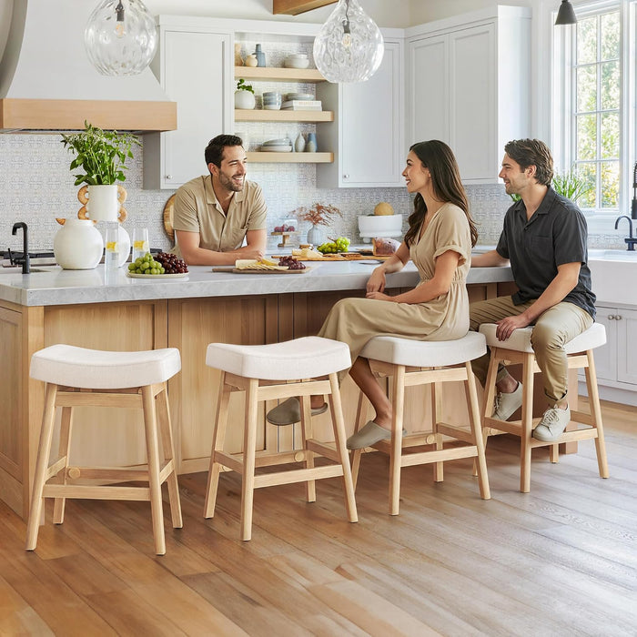 Bar Stools Set of 4, Barstools with Sturdy Wood Legs, Saddle Seat Counter Height Bar Stools for Kitchen Counter, Bar, Dining, 24 Inch Farmhouse Counter Stools, Beige Fabric