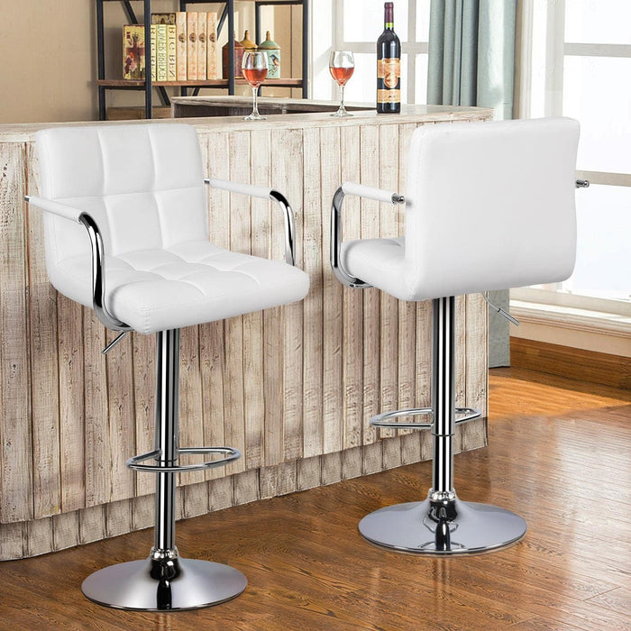 Bar Stools Set of 2, PU Leather Adjustable Swivel Barstools, Hydraulic Kitchen Counter Height Bar Chairs with Armrest and Back for Bar, Kitchen, Dining Room, White