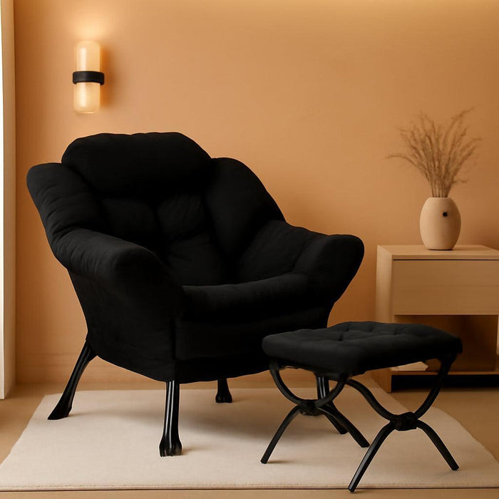 Lazy Chair with Folding Ottoman, Accent Chair Velvet Upholstered with Metal Structure and Non-Slip Pads, Sofa Armchair with Footrest and Side Storage Bag for Dorm, Room, Office, Black