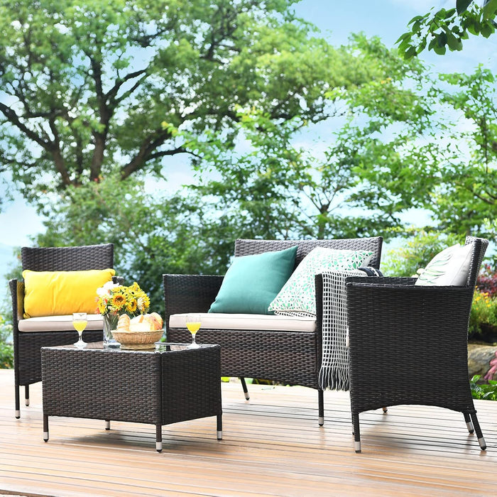 4-PCS Patio Rattan Conversation Set, Outdoor Wicker Furniture Set with Tempered Glass Coffee Table &Thick Cushion, Rattan Chair Wicker Set for Garden, Lawn, Poolside and Backyard (1, Brown)