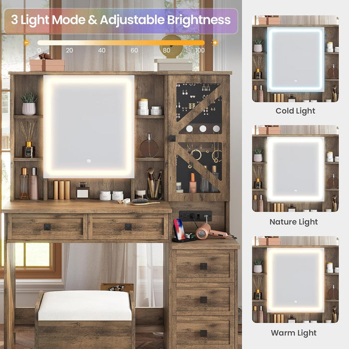 Farmhouse Vanity Desk with Mirror and Lights, Makeup Vanity Set with Lights & Jewelry Cabinet & 5 Drawers, Vanity Table with Charging Station, Hidden Storage Space for Bedroom, Brown