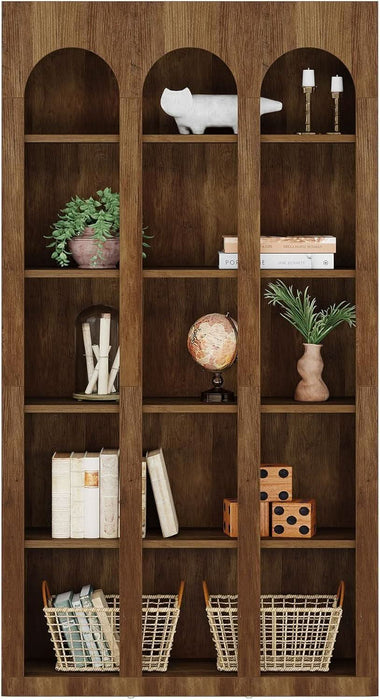 5-Tier Farmhouse Arched Bookshelf, 70.87-Inch Mid Century Modern Arched Bookcase with Open Shelves, Tall Book Shelf Vintage Display Storage Shelving Unit for Home Office, Rustic Brown
