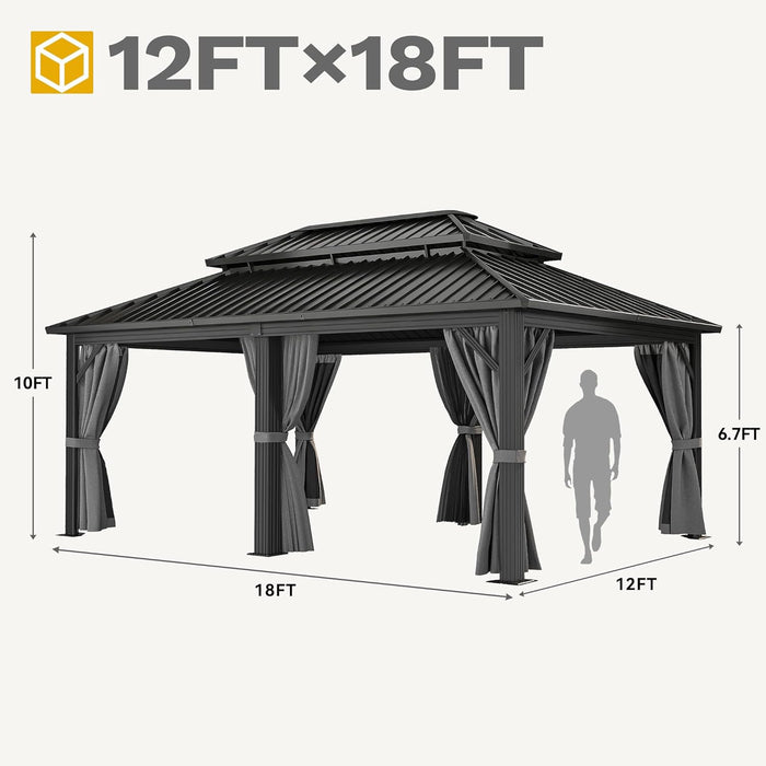 18X12Ft Aluminum Gazebo Hardtop Double Roof Canopy Outdoor Gazebo Galvanized Roof with Netting and Curtain Garden Tent for Patio, Backyard and Deck