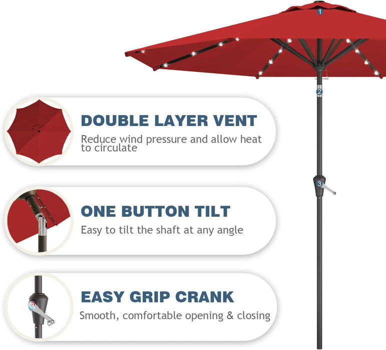 9FT Patio Umbrella with Solar Lights,Outdoor Market Umbrella with Tilt and Crank, LED Lighted Table Umbrella for Garden,Deck,Backyard,Pool,Beach