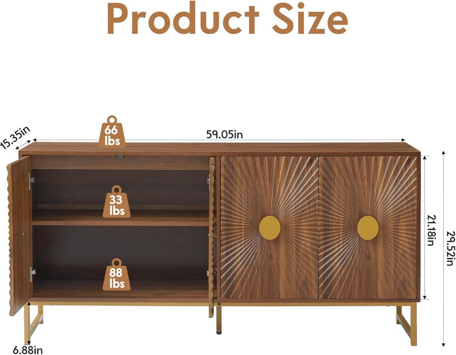 Sideboard Buffet Cabinet with Storage, Luxury Kitchen Storage Cabinet with 4 Doors and Adjustable Shelves, Accent Coffee Bar Buffet Table for Kitchen Dining Room (Walnut)