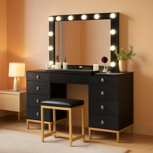 Makeup Vanity Desk with LED Mirror & Light, Large Makeup Table with 8 Drawers, Magnifying Glass, Power Outlets, Hairdryer Holder & Cushion Stool for Dressing Room, Black Vanity Set