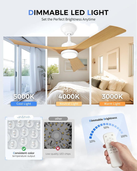 52'' Coastal Grade White Ceiling Fan with Light and Remote, Corrosion Resistant Indoor Outdoor Fan, Quiet Reversible Motor, 3CCT Dimmable LED, ABS Blade Fan for Living Room, Patio, ZCCF08WY-52