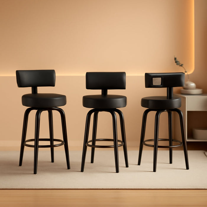 Swivel Counter Height Bar Stools Set of 3, 29" Upholstered Faux Leather Barstools with Back, Mid Century Modern Counter Stools with Black Walnut Wood Legs for Kitchen Island, Black