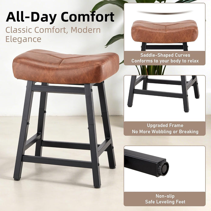 Counter Height Bar Stools Set of 3, 24 Inch Barstools for Kitchen Island | Heavy Duty Metal Base with 4 Inch High-Density Foam Faux Leather Saddle Seats, Kichen Home Bar Dining Room, Brown