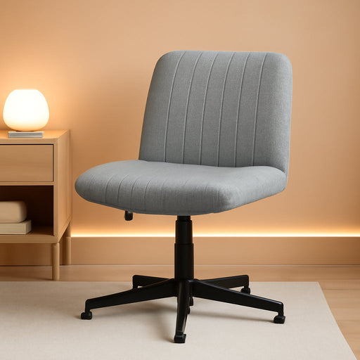 Cross Legged Office Desk Chair No Wheels Fabric Padded Modern Swivel Height Adjustable Wide Seat Computer Task Vanity Chair for Home Office Mid Back Accent Chair (Grey)