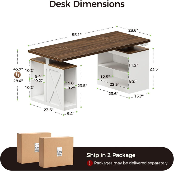 Farmhouse 55 Inch Electric Standing Desk with Storage, Walnut+White