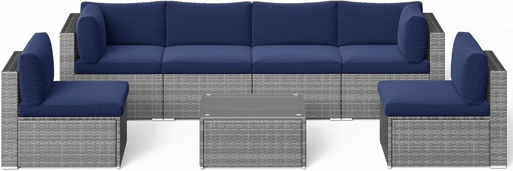 7 Piece Patio Furniture Sets All Weather Grey PE Wicker Couch Sofa with Glass Table, Removable Navy Blue Cushions