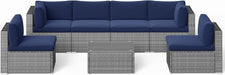 7 Piece Patio Furniture Sets All Weather Grey PE Wicker Couch Sofa with Glass Table, Removable Navy Blue Cushions