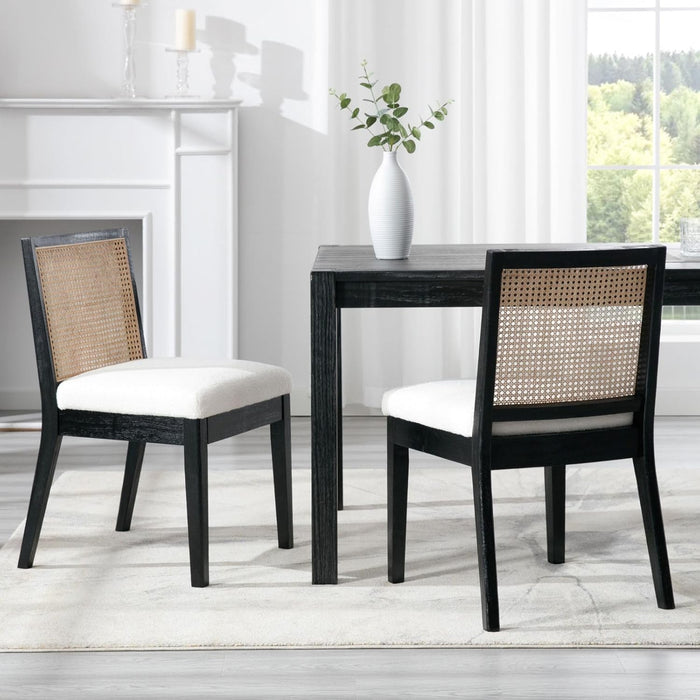 Rattan Dining Chairs Set of 4, Farmhouse Boucle Kitchen Chairs with Cane Back, Upholstered Sherpa Dining Room Chairs Comfy Side Wood Chair for Living Room/Restaurant, Black Sherpa
