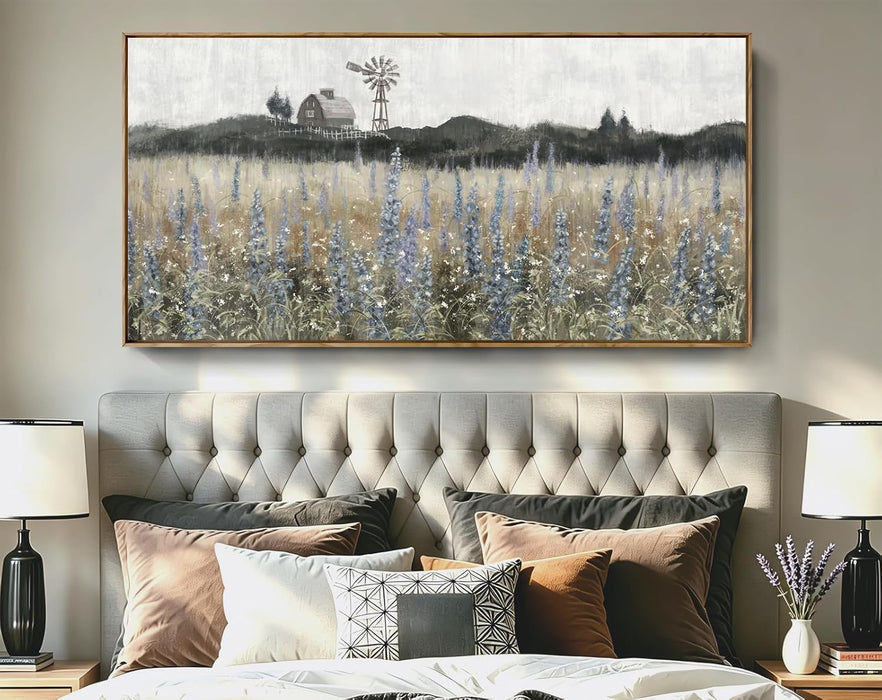 Large Vintage Framed Canvas Wall Art for Living Room, Rustic Farmhouse Countryside Windmill and Barn Landscape Painting, Retro Wildflower Field Meadow Print, 48"X24" Ready to Hang