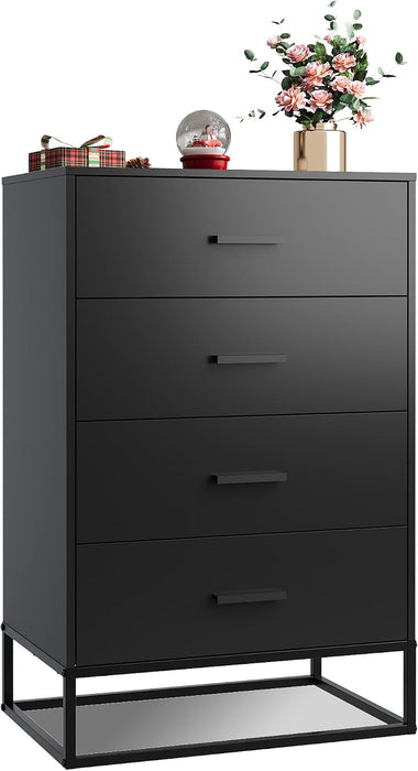 Black Dresser for Bedroom with 4 Drawers, Tall Dresser with Sturdy Metal Frame, Wood Chest of Drawers for Closet, Living Room, Hallway