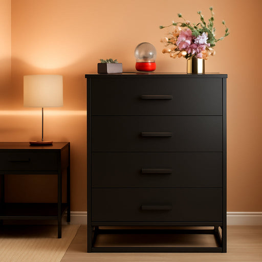Black Dresser for Bedroom with 4 Drawers, Tall Dresser with Sturdy Metal Frame, Wood Chest of Drawers for Closet, Living Room, Hallway