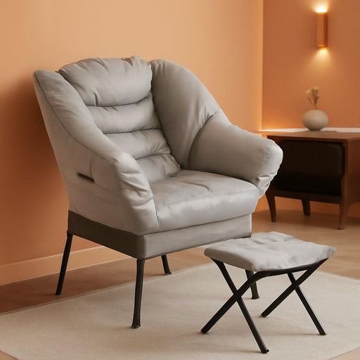 Modern Lazy Chair with Ottoman, Fabric Lounge Accent Chair, Leisure Sofa Armchair with Armrests, Side Pockets, Upholstered Reading Chair and Footstool Set for Living Room, Bedroom, Light Gray