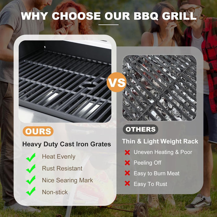 4-Burner Propane Gas Grill with Side Burner, 46,000 BTU Outdoor BBQ Grill with Porcelain-Enameled Cast Iron Grates and Griddle Pan, Built-In Thermometer Stainless Steel Grill for Outdoor Cooking