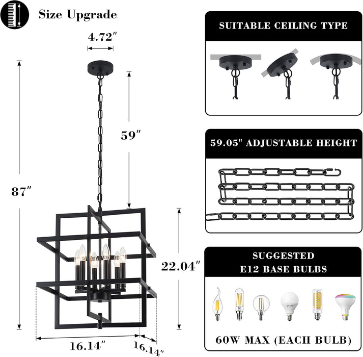 Black Industrial Geometric Pendant Lighting 6 Light
