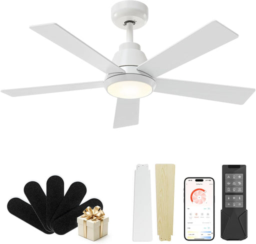 Ceiling Fan, 42" White Ceiling Fans with Lights and Remote/App Control, Quiet, 3000-6500K Dimmable, Modern Ceiling Fan with Light for Indoor Bedroom, Living Room, Kitchen