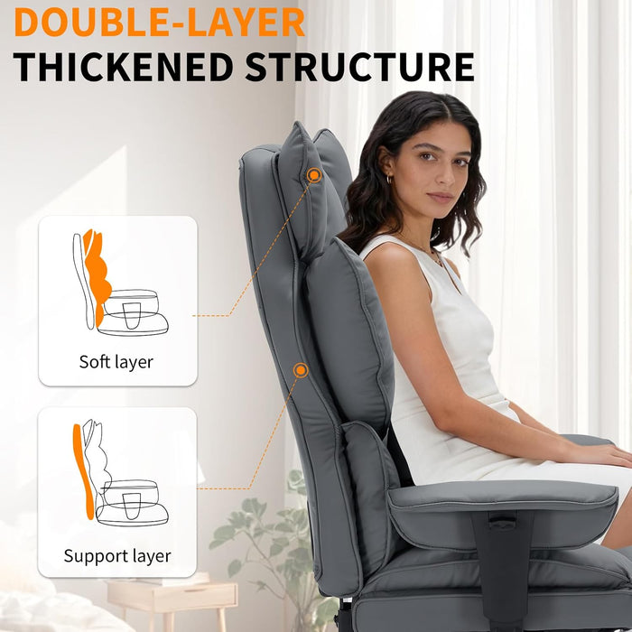 Big and Tall Office Chair, Executive Leather Office Chair with Footrest, 400Lbs Ergonomic Gaming Chair for Adults, Wide Seat Computer Desk Chair with Lumbar Support, 150 Degree Reclining, Gray