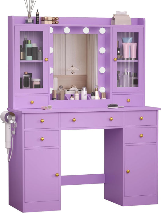 Vanity Desk with Mirror and Lights, 43" Purple Makeup Vanity Set with 5 Drawers & Glass Cabinets, Makeup Tray, Power Outlet & Adjustable LED Lights, Dressing Table for Women & Girls Bedroom