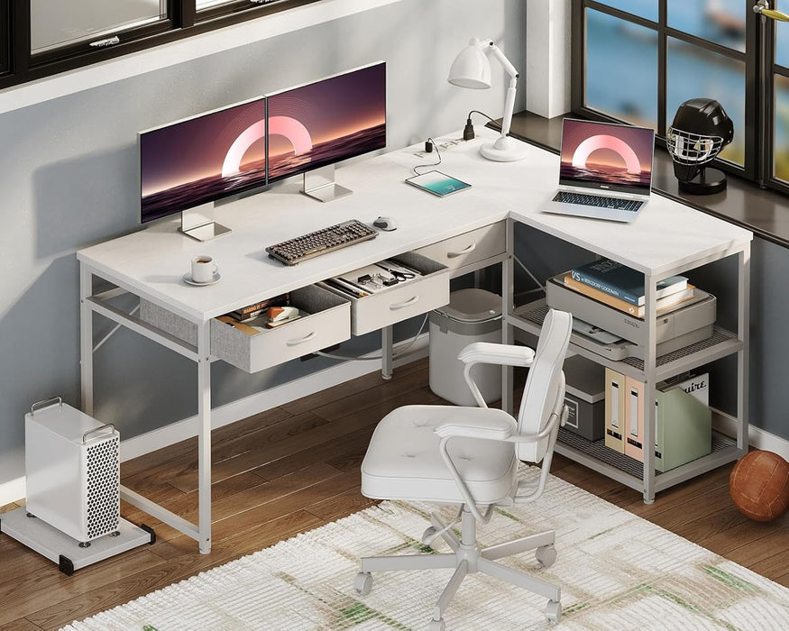 53 Inch L Shaped Computer Desk with Drawers, Corner Desk with Power Outlets & Reversible Storage Shelves, Movable CPU Stand for Home Office Gaming, White