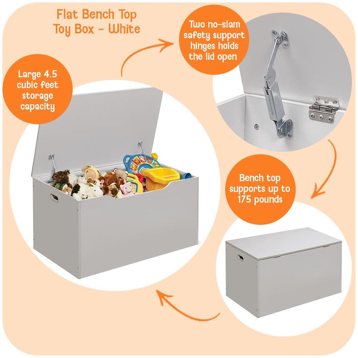 Kids Toy Box Bench - Wooden Chest with Flip-Top Lid, Safety Hinges & 4.5 Cubic Feet Storage Capacity - Stylish Storage Organizer for Toys, Books & Nursery Essentials - White