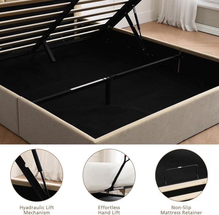 Queen Size Lift-Up Hydraulic Storage Bed, Beige Linen Upholstered Platform Bed with Vertical Channel Headboard, Wooden Slat Support, No Box Spring Needed, Easy Assembly